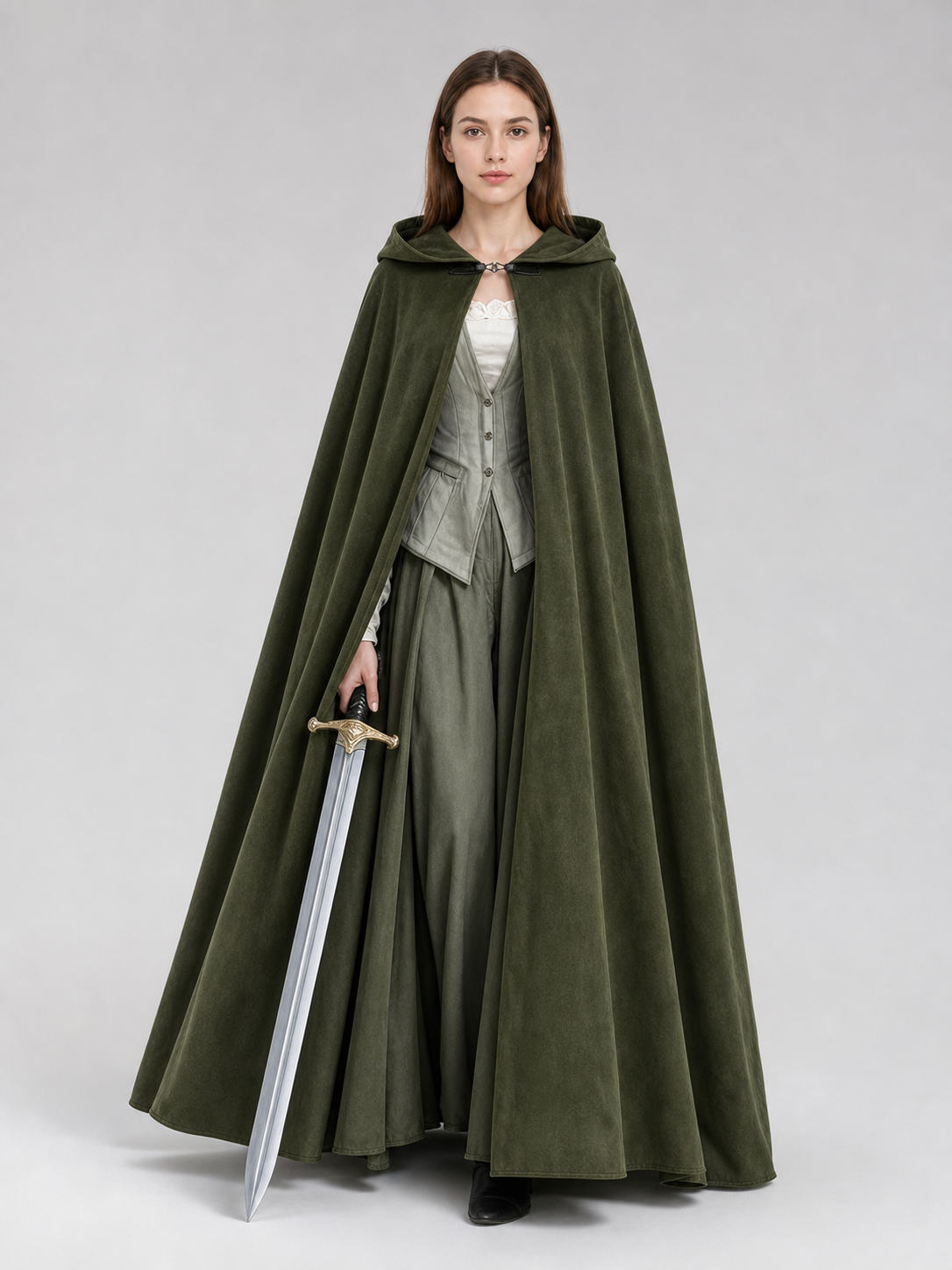 Long Green Hooded Costume Cloak