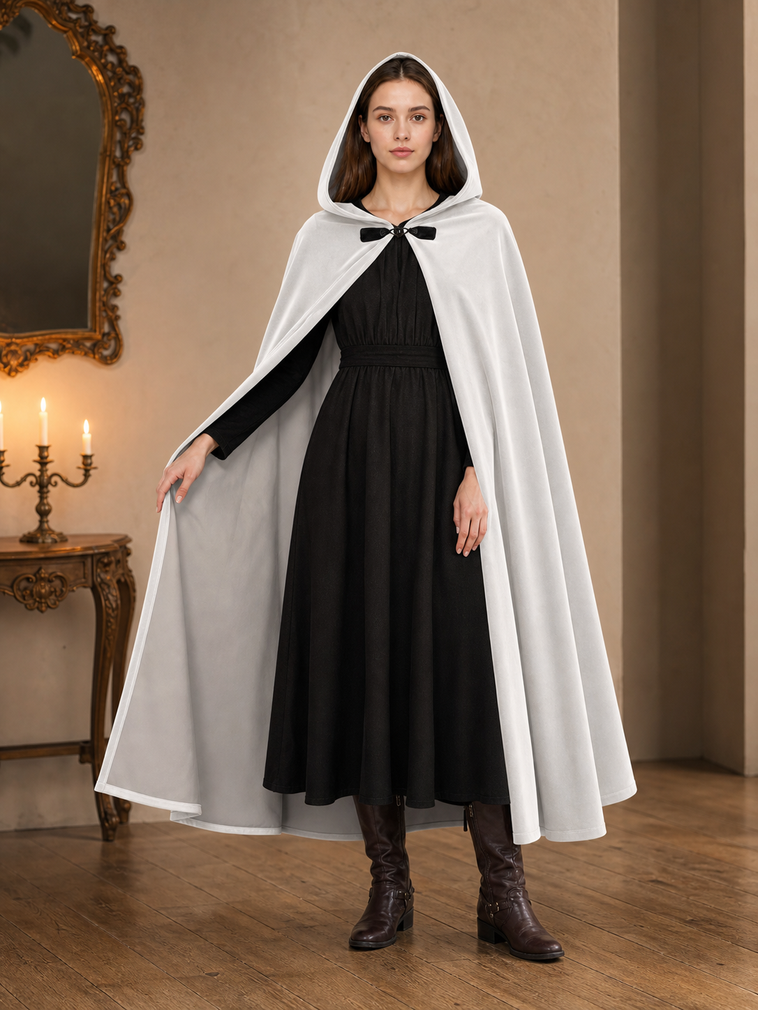 Full-Length White Hooded Cape with Oversized Hood and Black Bow Closure for Fantasy Medieval Cosplay and Stage Performances
