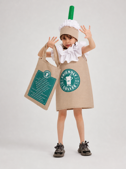 Beverage-Themed Party Costume with Hat and Bag
