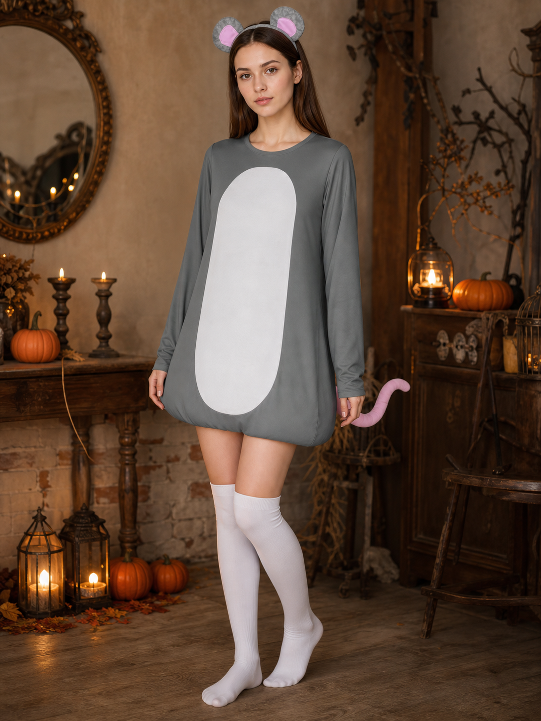 Adult Gray Mouse Costume Set with White Belly, Pink Tail and Mouse-Ear Headband for Costume Parties, Cosplay and Themed Events