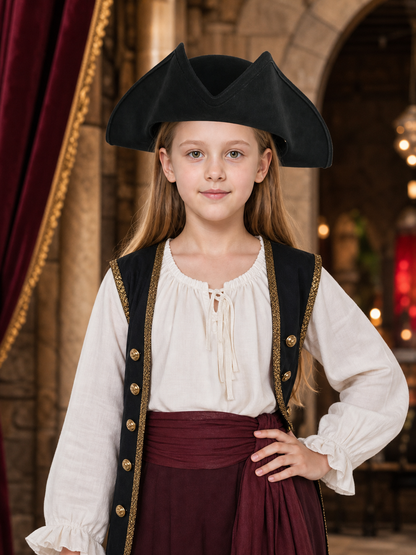 Children's Pirate Hat, Black Wide-Brim Tricorn Style Costume Hat with Turned-Up Sides, Pointed Crown Sections and Stitched Edging for Dress-Up Play and Costume Parties