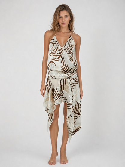 NUTO Asymmetrical Halter Dress with Zebra Print