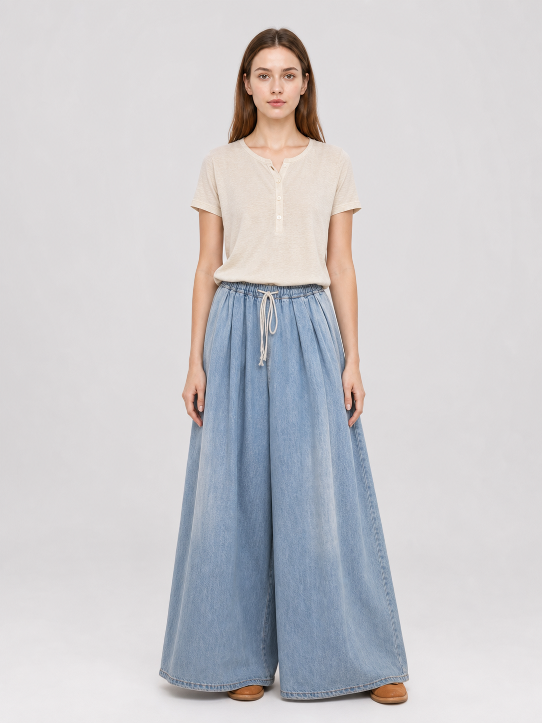 Light Blue Wide-Leg Drawstring Jeans