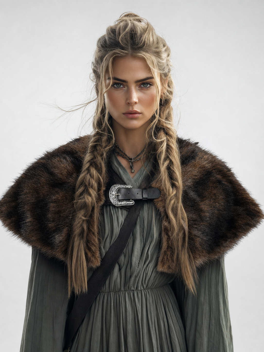 Fur Shoulder Shawl with Buckle, Brown