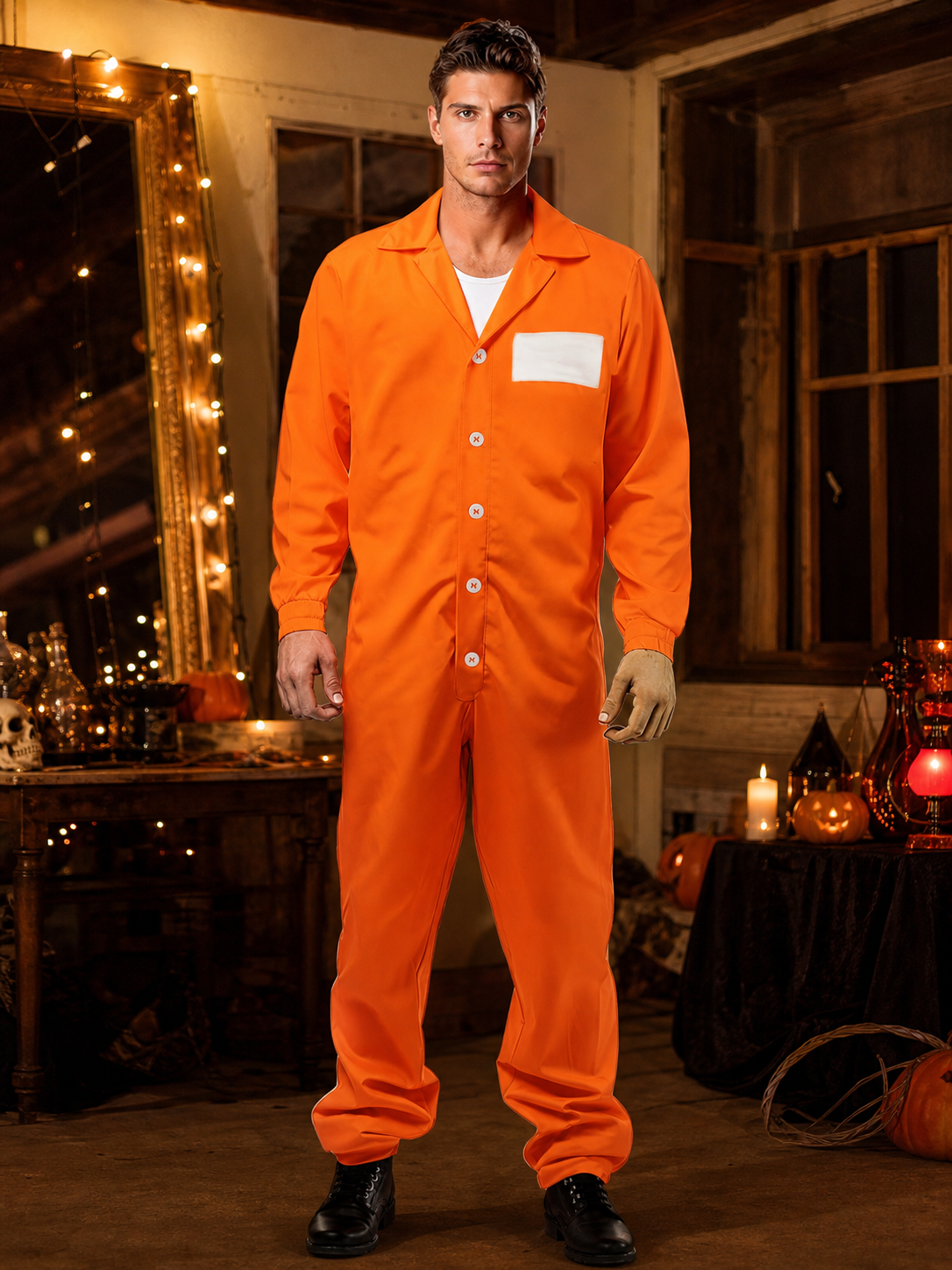 Adult Orange Prisoner-Style Costume Jumpsuit, Long Sleeve One-Piece Uniform with Pointed Collar, Front Buttons and Chest Patch for Costume Parties