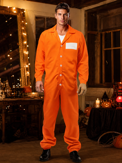Adult Orange Prisoner-Style Costume Jumpsuit, Long Sleeve One-Piece Uniform with Pointed Collar, Front Buttons and Chest Patch for Costume Parties