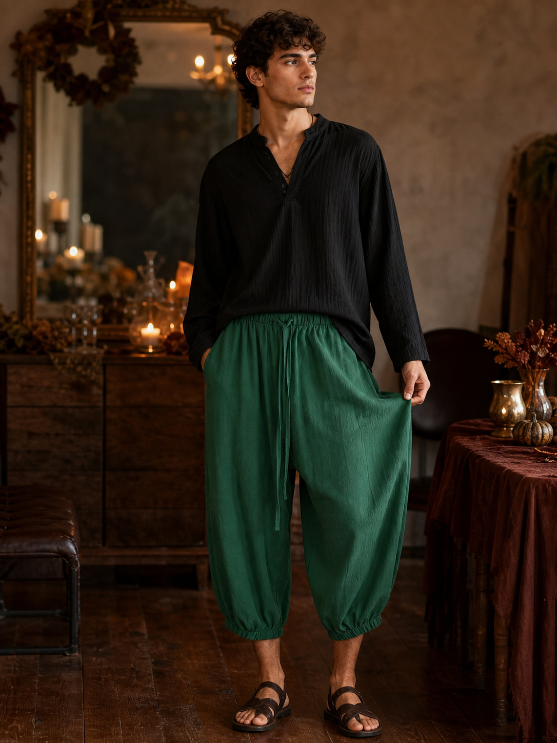 Loose-fit cropped shorts with drawstring, dark green