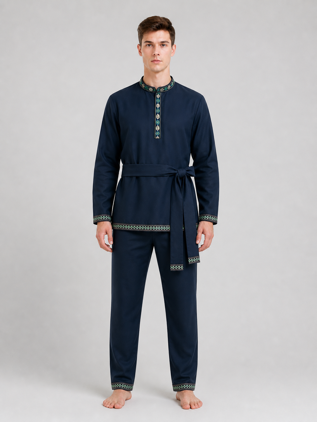 Tunic with a Belt and Embroidery, Dark Blue