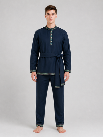 Tunic with a Belt and Embroidery, Dark Blue