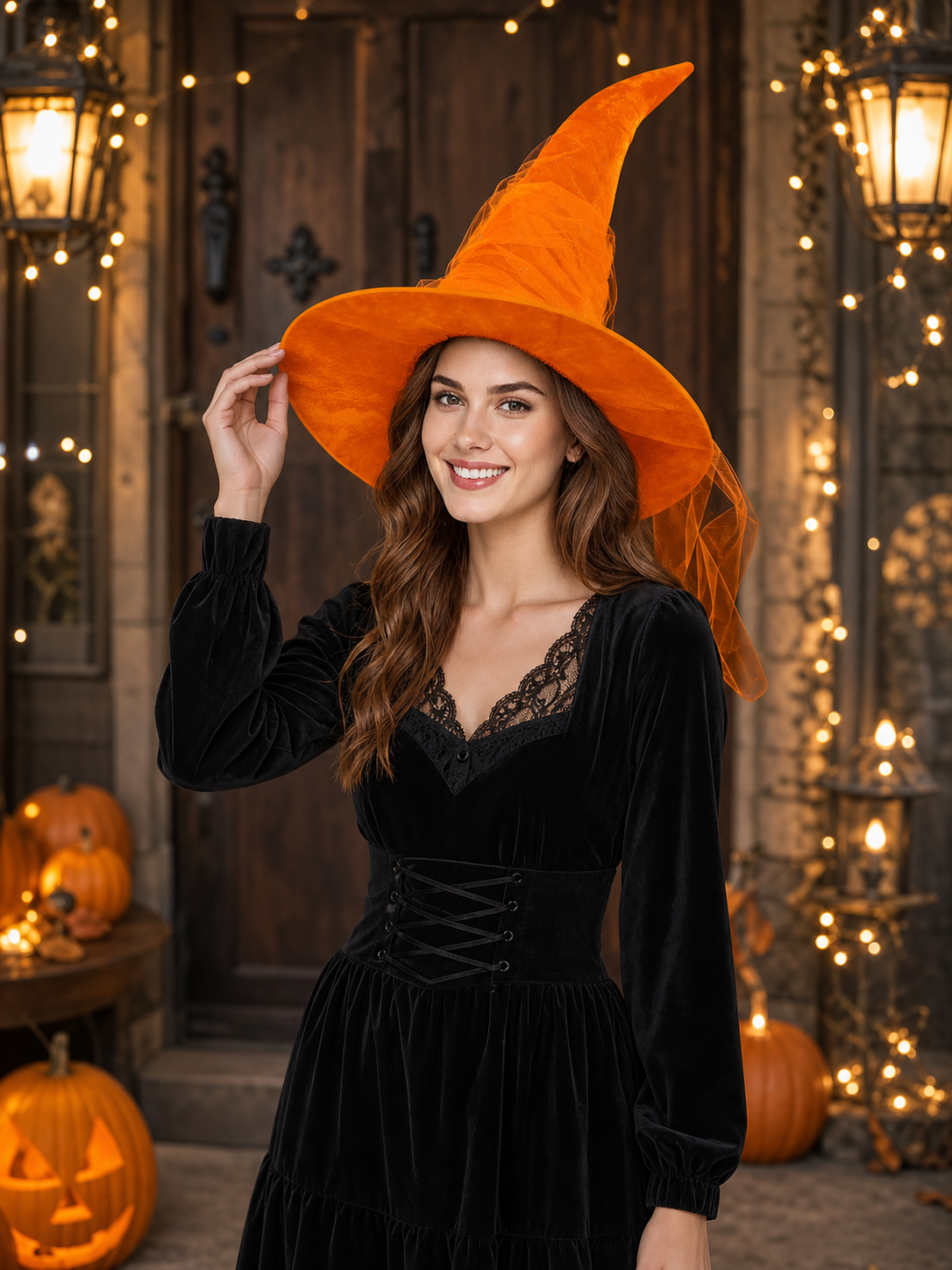 Orange Halloween Witch Hat with Very Tall Curved Pointed Crown, Wide Wavy Brim and Attached Sheer Veil for Costume Parties