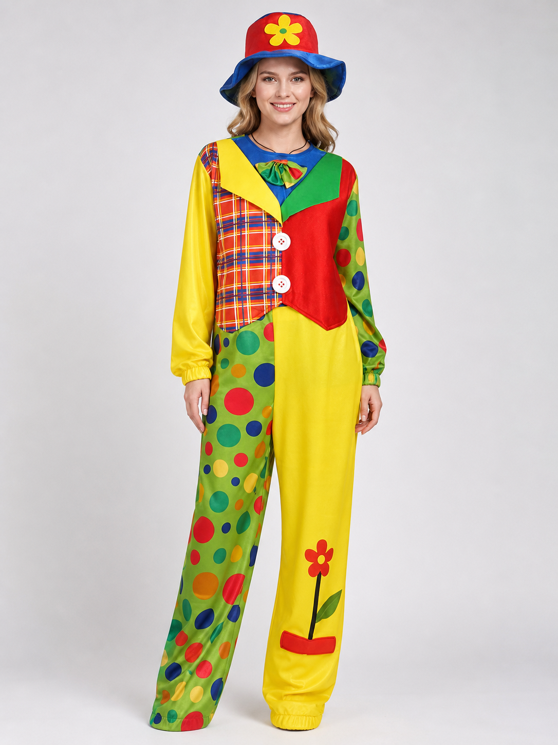 Clown Costume Jumpsuit with Hat and Bow Tie