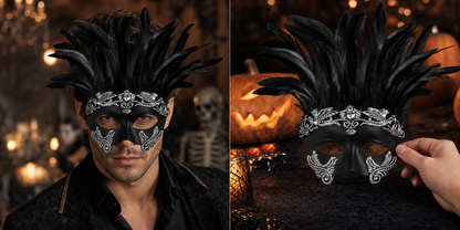 1pc Halloween Black and Silver Feather Half Face Masquerade Mask, Venetian Style