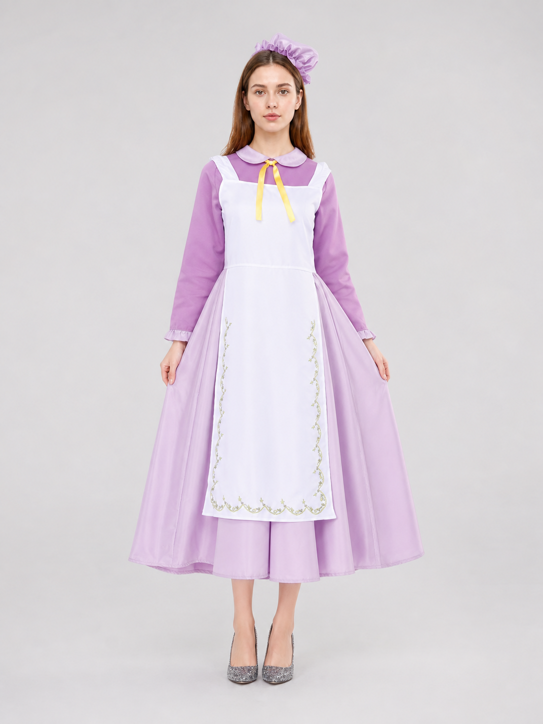 Purple dress costume with apron and bonnet