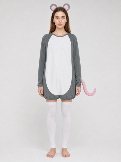 Adult Gray Mouse Costume Set with White Belly, Pink Tail and Mouse-Ear Headband for Costume Parties, Cosplay and Themed Events