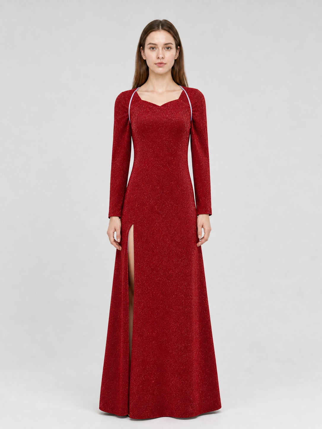 Shrek Costume: Red Long-Sleeve Maxi Dress on-model view 2