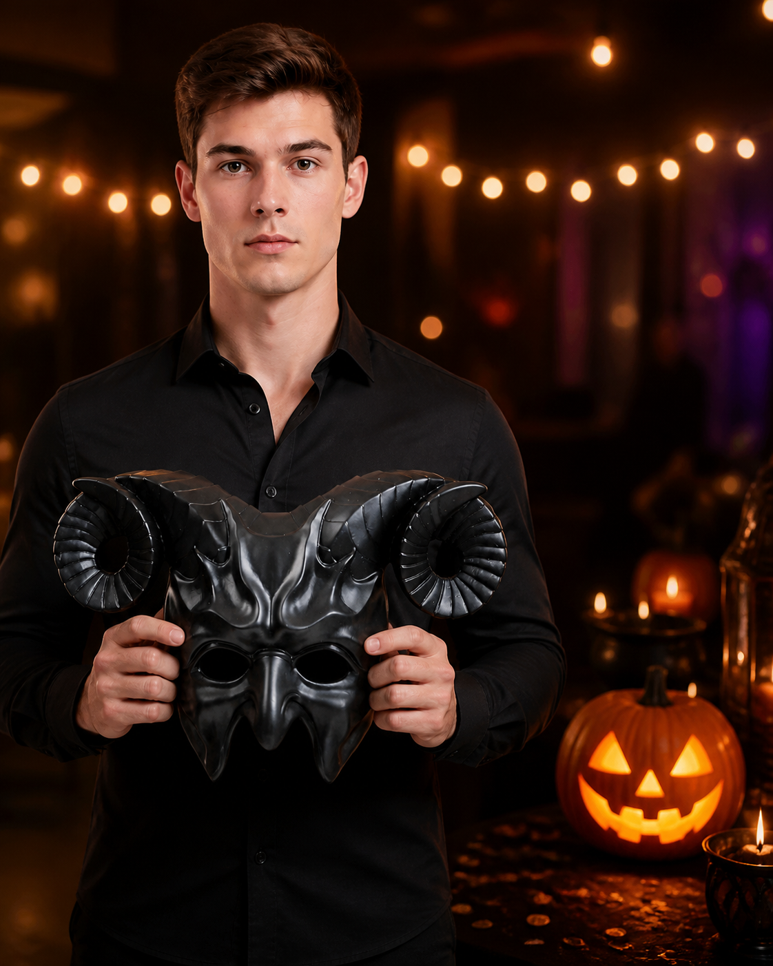 1pc Halloween Horned Demon Full-Face Mask with Curled Horns for Cosplay Party