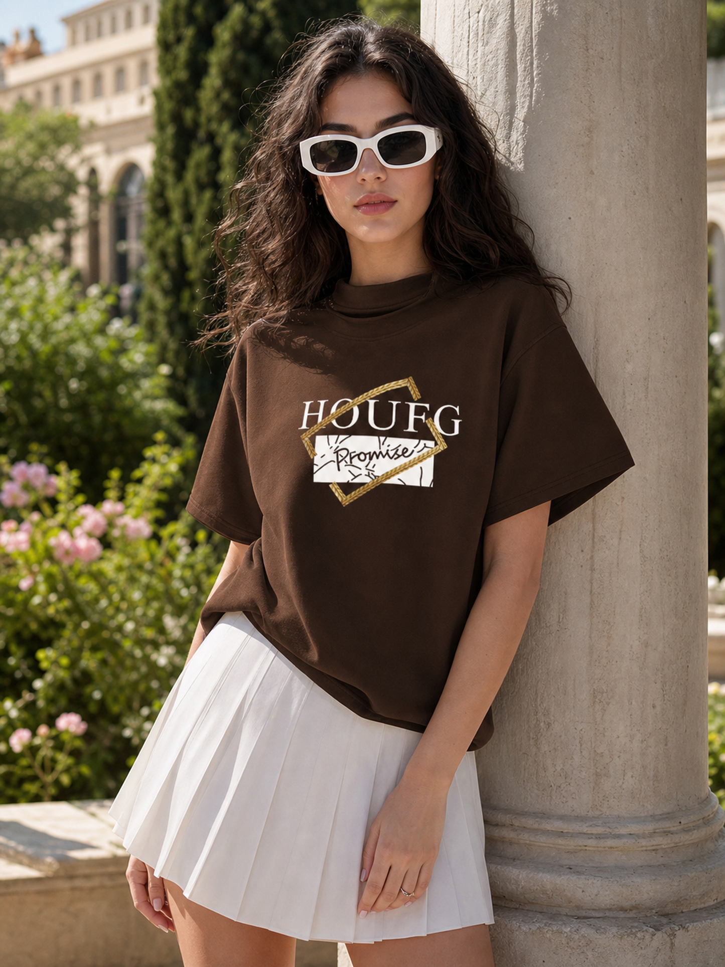 Women's Printed T-Shirt, Short Sleeve, High Neck