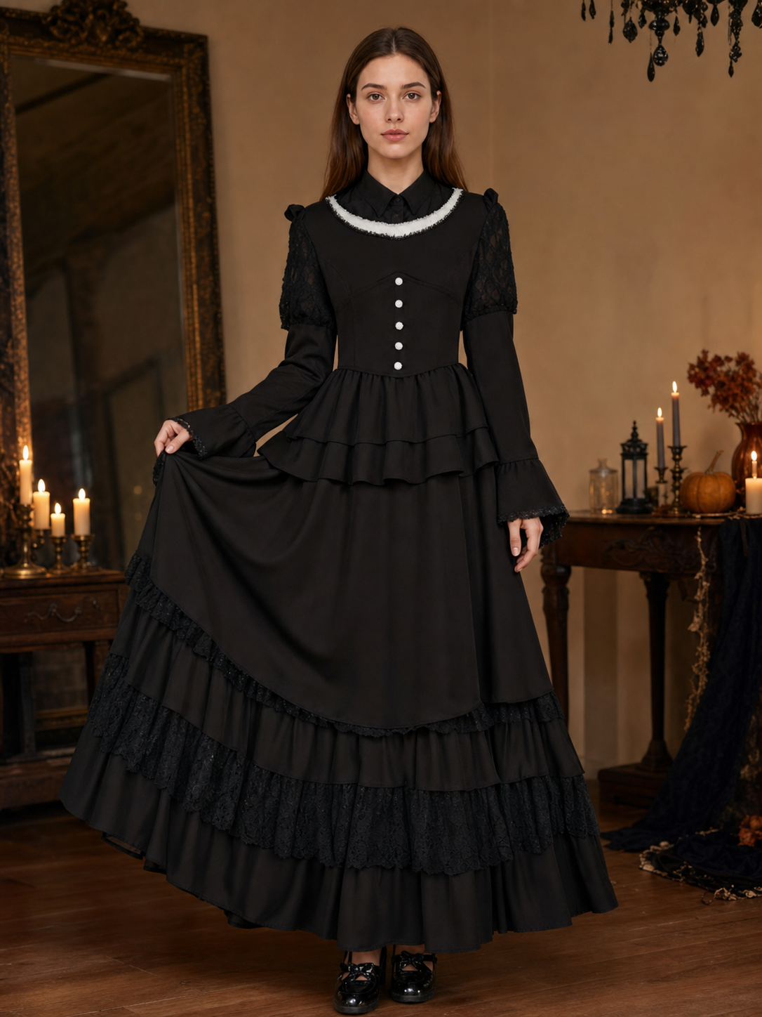 Gothic Dress with a High Collar and Ruffles