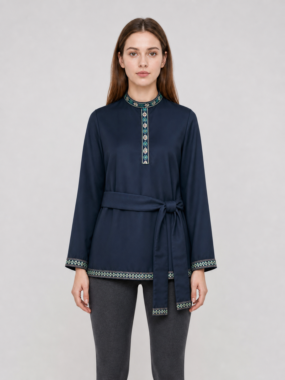 Tunic with a stand-up collar and belt, dark navy