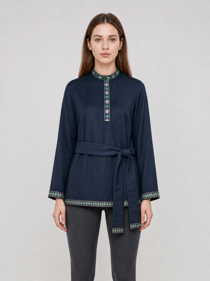 Tunic with a stand-up collar and belt, dark navy