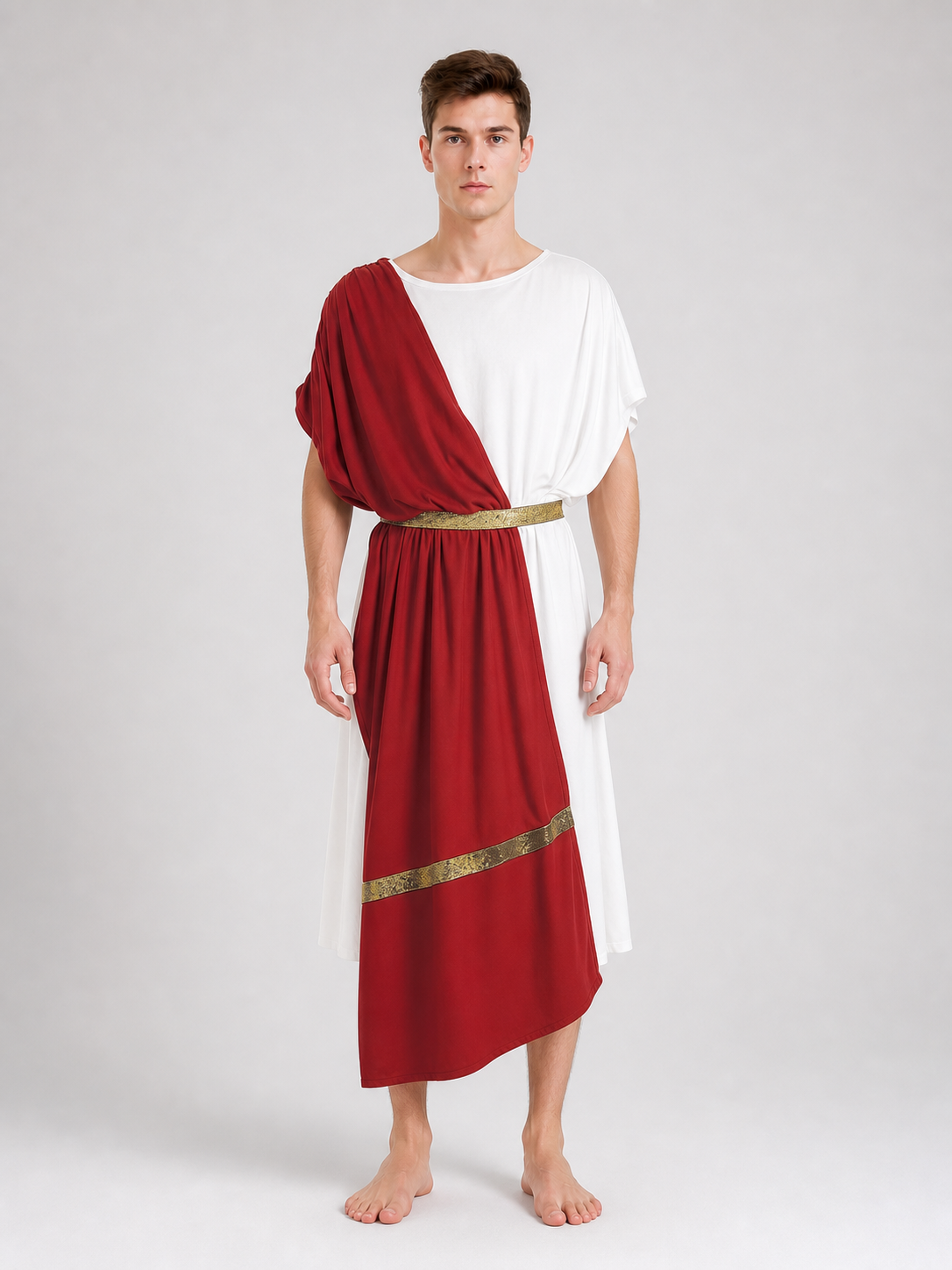 Men's Ancient Greek Costume, Red And White Draped Tunic With Gold Belt And Laurel Headpiece For Cosplay, Stage Events