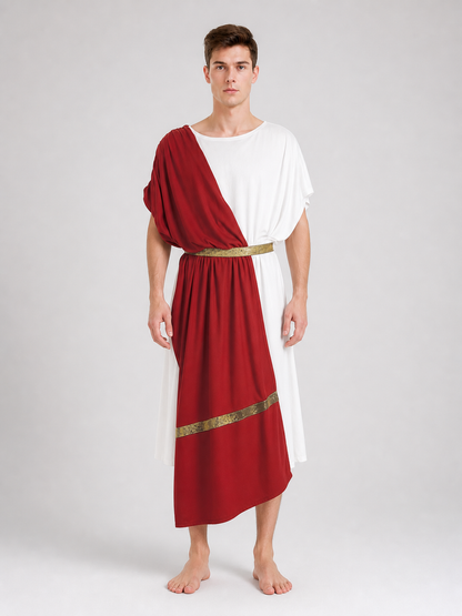 Men's Ancient Greek Costume, Red And White Draped Tunic With Gold Belt And Laurel Headpiece For Cosplay, Stage Events