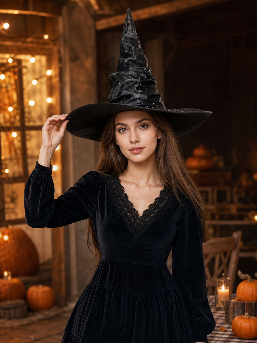 Black Halloween Witch Hat Pointed Wide Brim Ruched Crown With Silver-White Dot Embellishments Costume Accessory