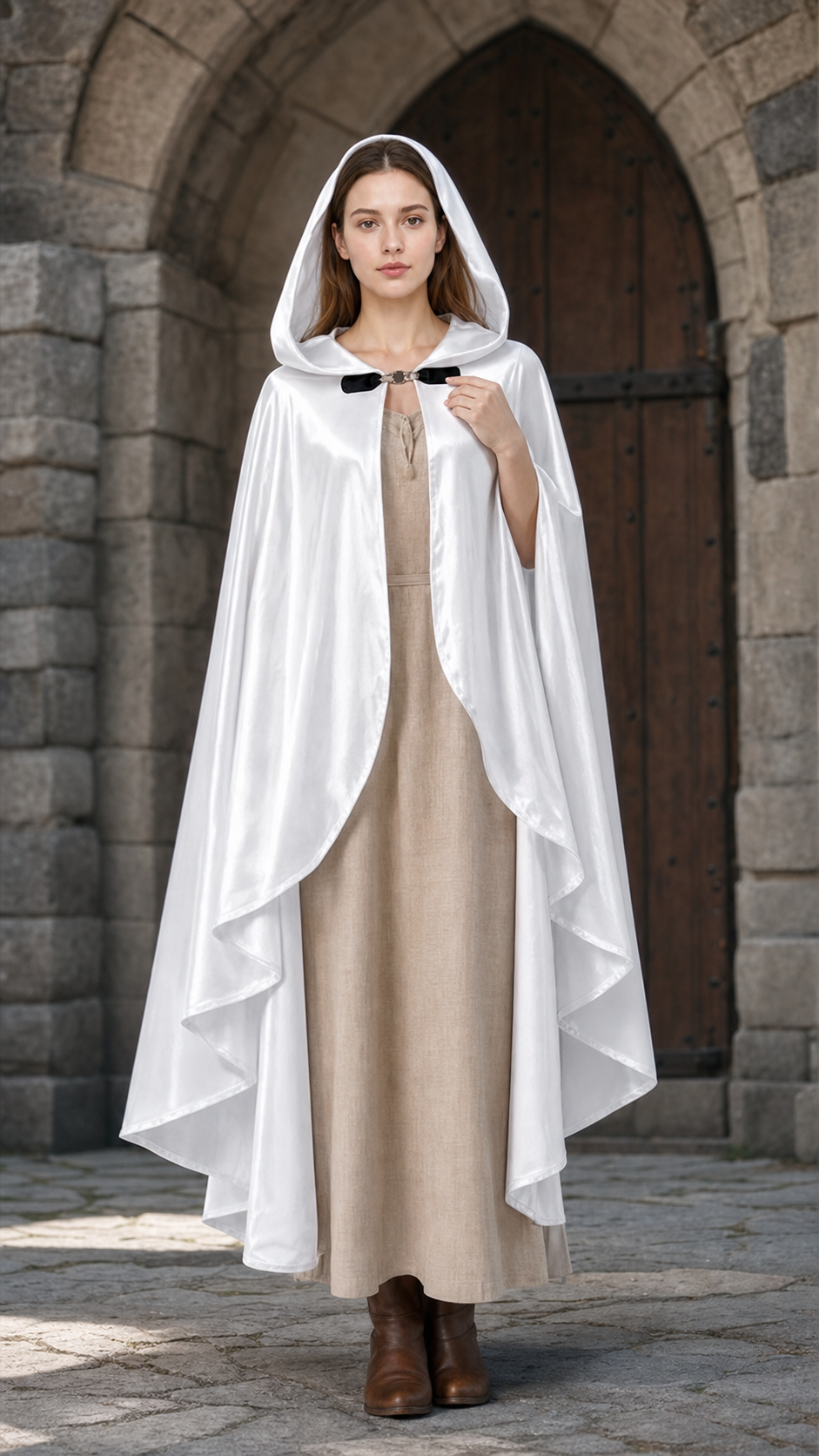 Long white hooded satin-look carnival cape product view 48