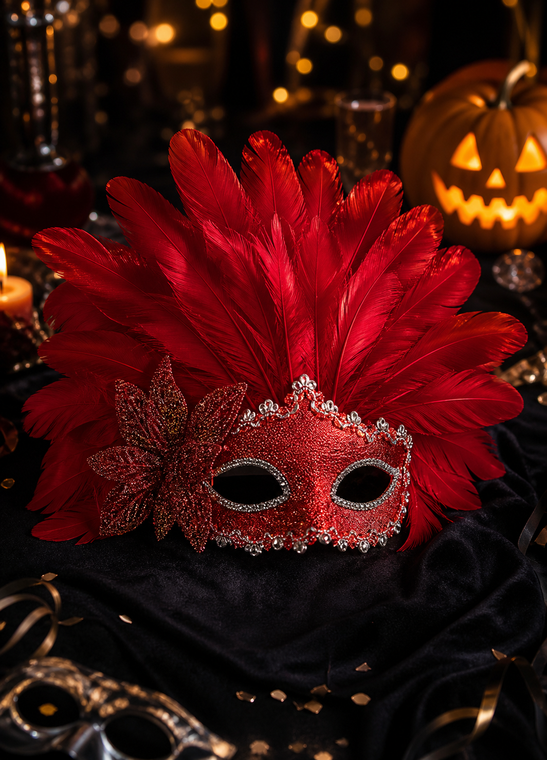 Red feather masquerade mask resting on black fabric, with a glittered eye covering, silver edging, side bow, and Halloween decor