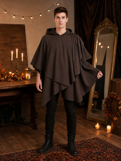 Medieval Fantasy Hooded Cloak Costume, Dark Brown Draped Layered Poncho, 1-Piece Outfit For Cosplay And Theme Events