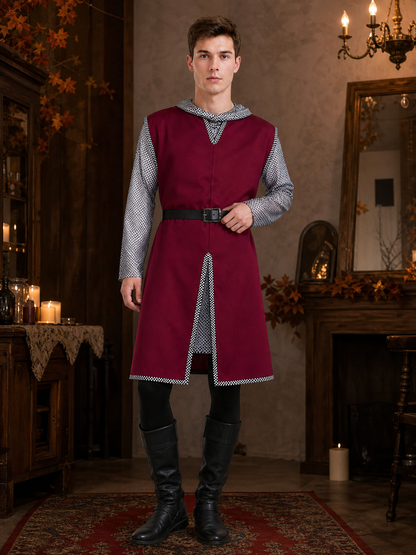 Halloween Medieval Knight Cosplay Costume Set, 3-Piece Burgundy Sleeveless Robe, Silver Chainmail Top And Black Belt For Role Play