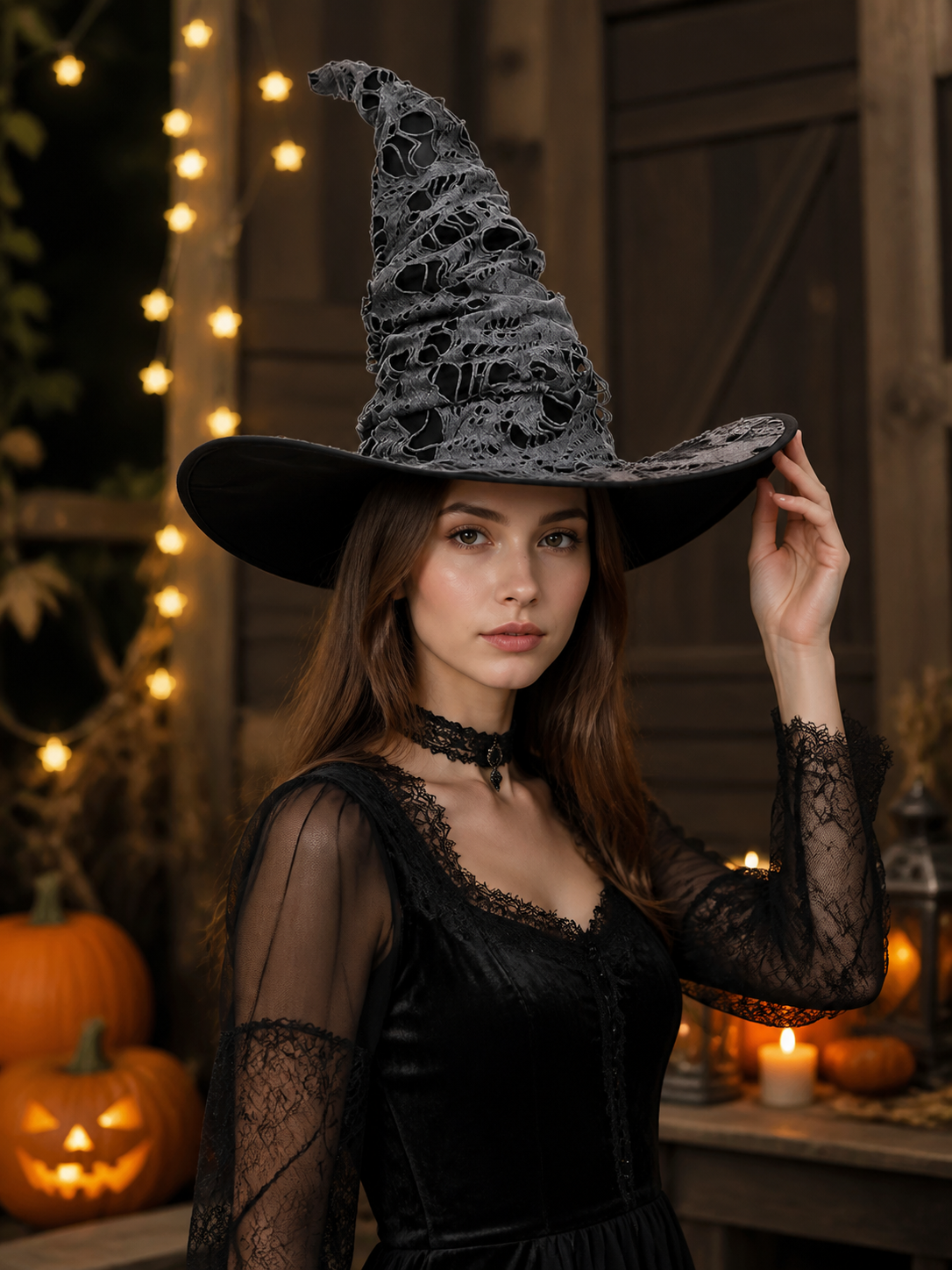 Gray Black Halloween Witch Hat For Women Wide Brim Curved Pointed Tattered Torn on-model view 2