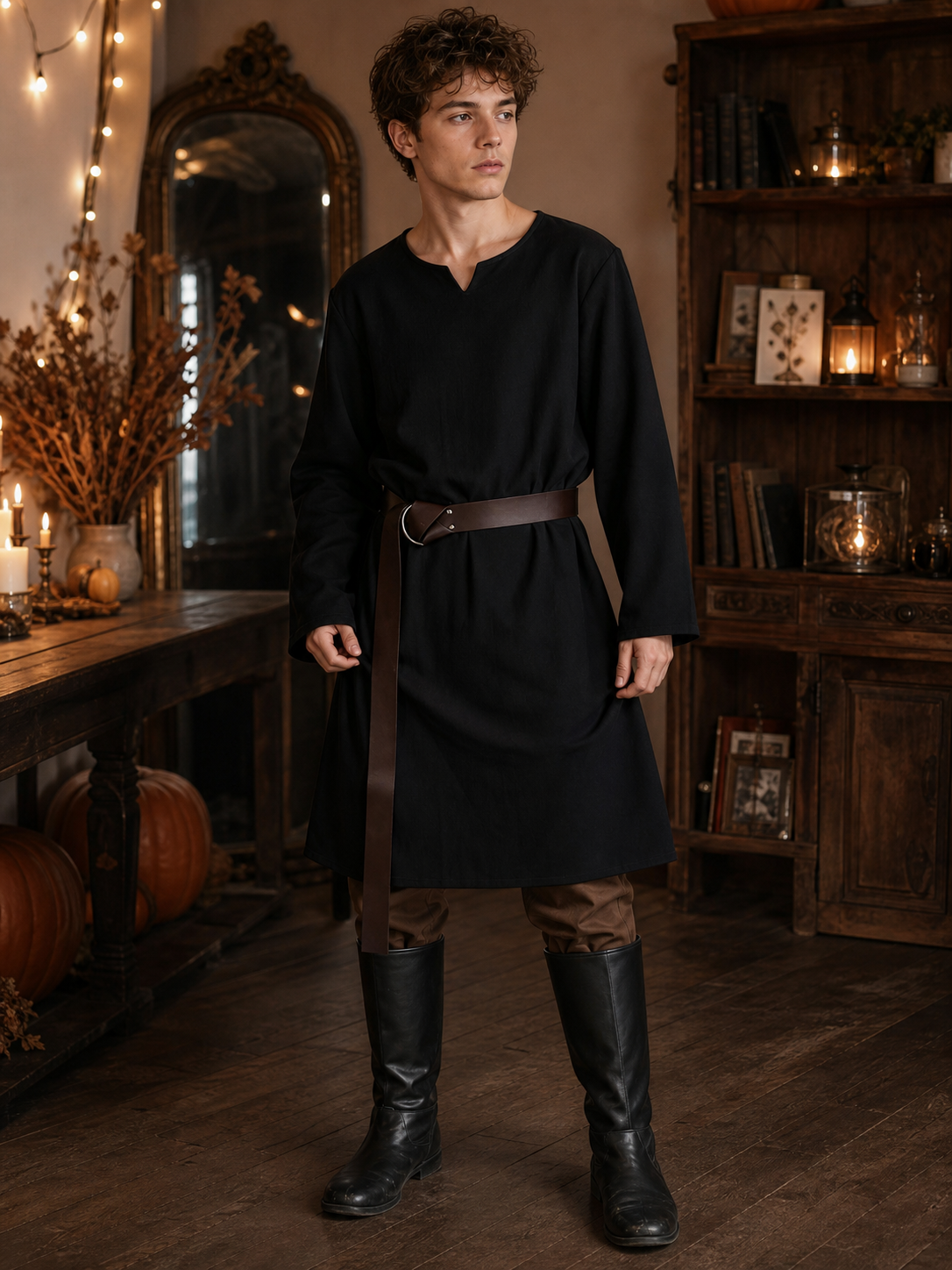 Black long loose-fit tunic in a fantasy style