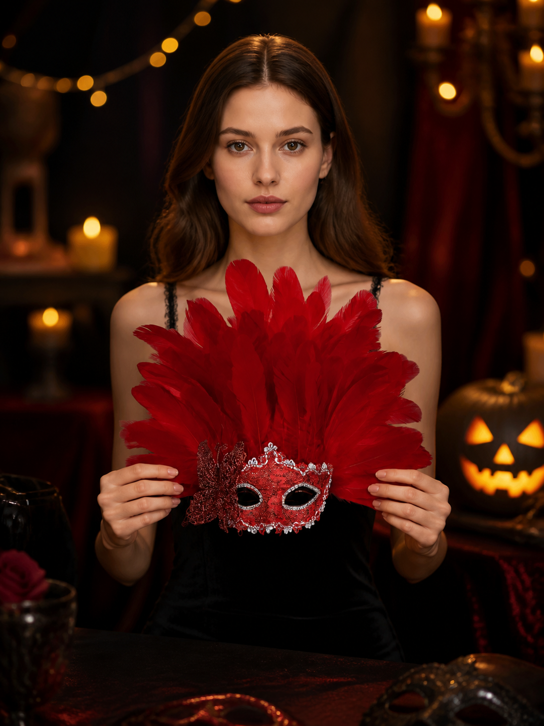 Woman holding the red feather mask in front of her chest, showing its layered plume, glittered eye covering, silver trim, and bow