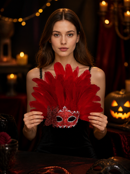 Woman holding the red feather mask in front of her chest, showing its layered plume, glittered eye covering, silver trim, and bow