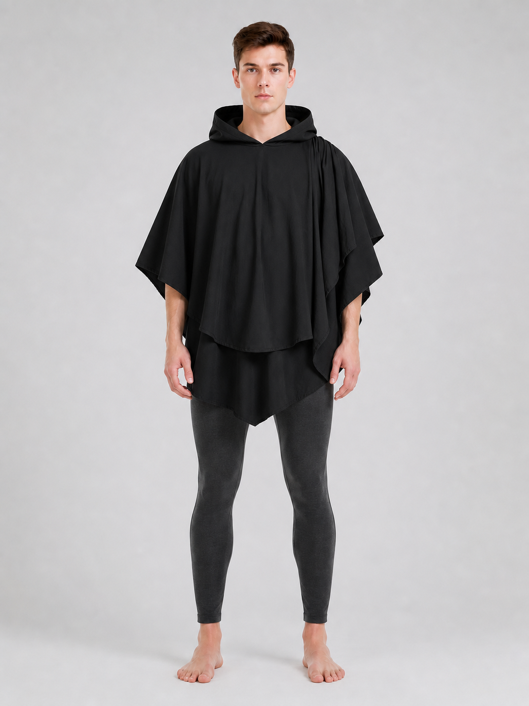 Women's Gothic Hooded Cape Cloak for Halloween Cosplay, Black Flowing Draped on-model view 2