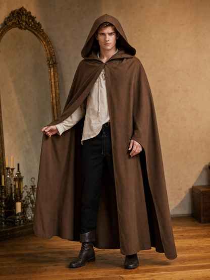 Medieval Fantasy Hooded Cloak, Deep Brown Long Draped Cape with Overlapping Front and Pointed Hem for Role Play, Stage Styling and Outdoor Wear