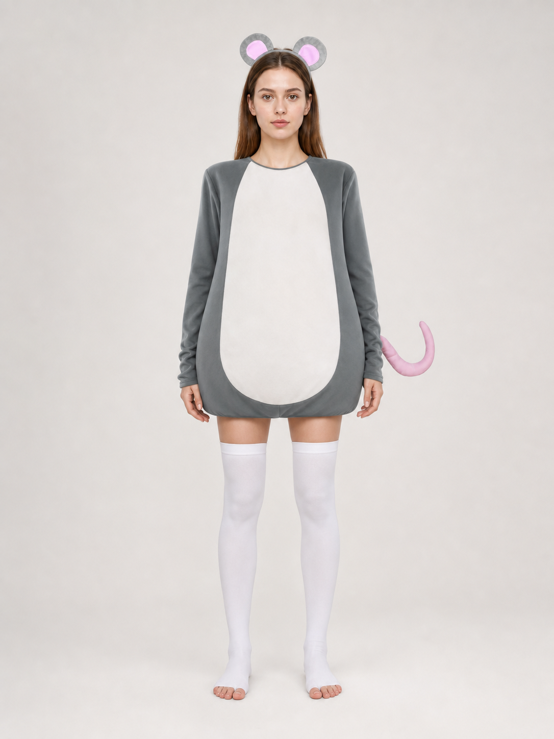 Adult Gray Mouse Costume Set with White Belly, Pink Tail and Mouse-Ear Headband for Costume Parties, Cosplay and Themed Events