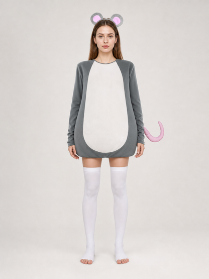 Adult Gray Mouse Costume Set with White Belly, Pink Tail and Mouse-Ear Headband for Costume Parties, Cosplay and Themed Events