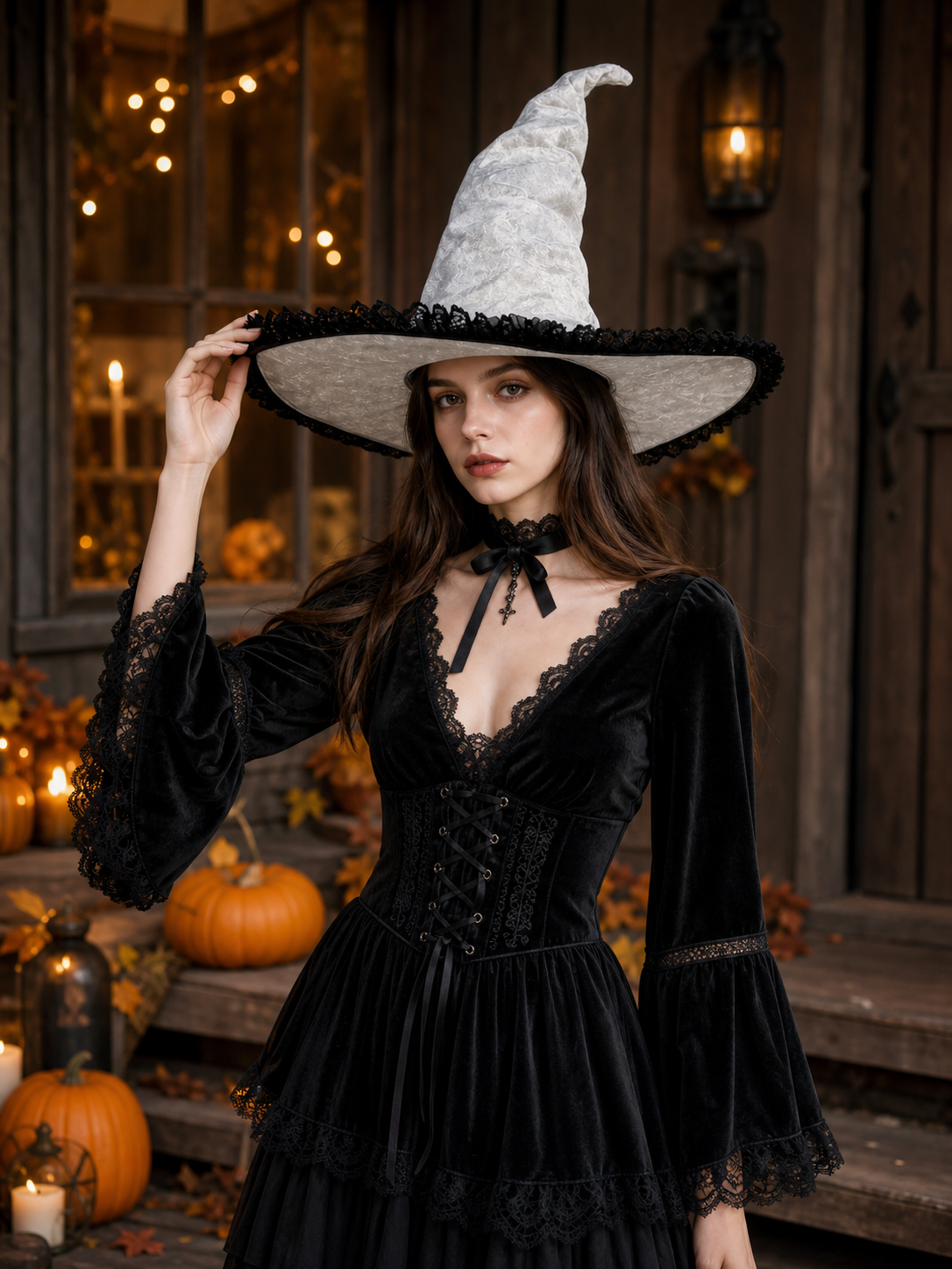 Light Gray White Halloween Witch Hat with Black Lace Trim, Tall Bent Pointed Crown and Wide Brim for Witch Cosplay Costume Party