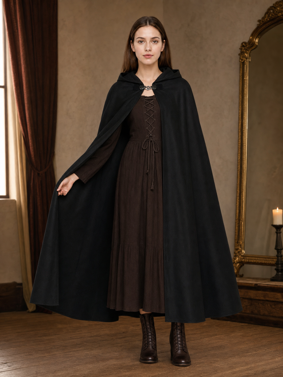 Long black hooded carnival cloak
