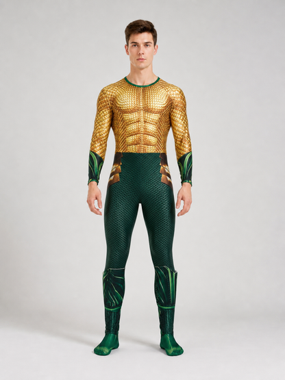 This set is designed for a striking water-themed superhero look and is suitable for children's dress-up, cosplay, costume parties, stage performances, and themed performances. The set includes a one-piece jumpsuit costume with long sleeves,