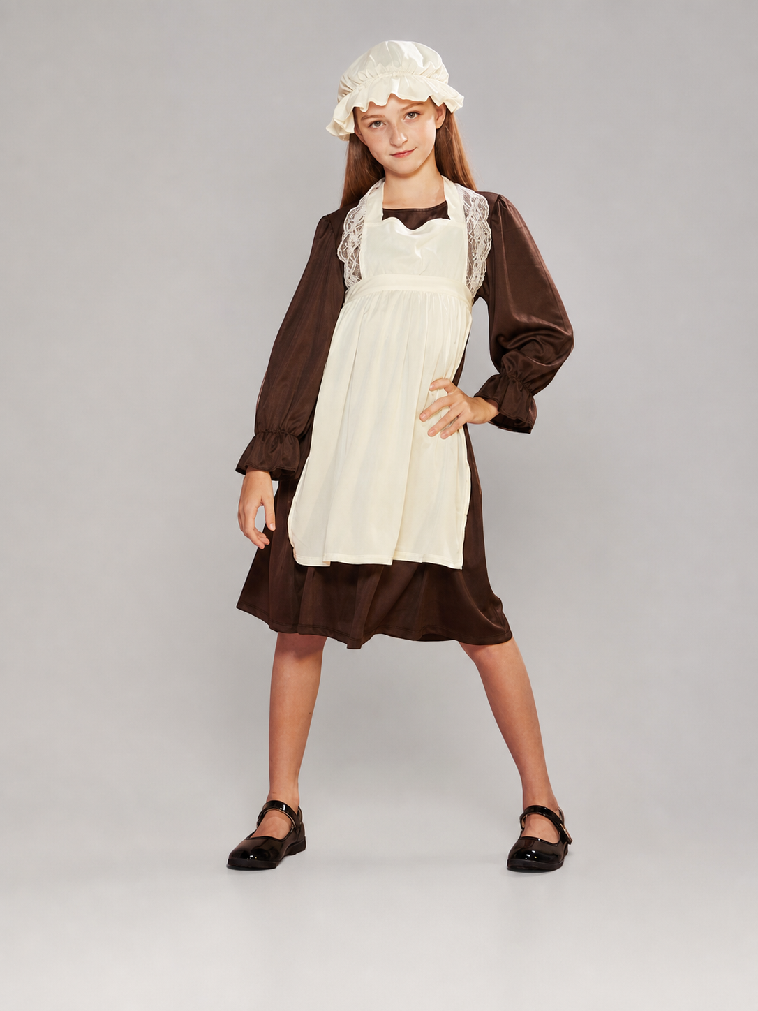 Victorian costume with dress, apron, and bonnet