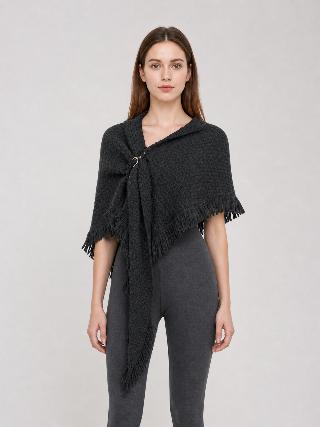 Black triangular wool shawl with fringe