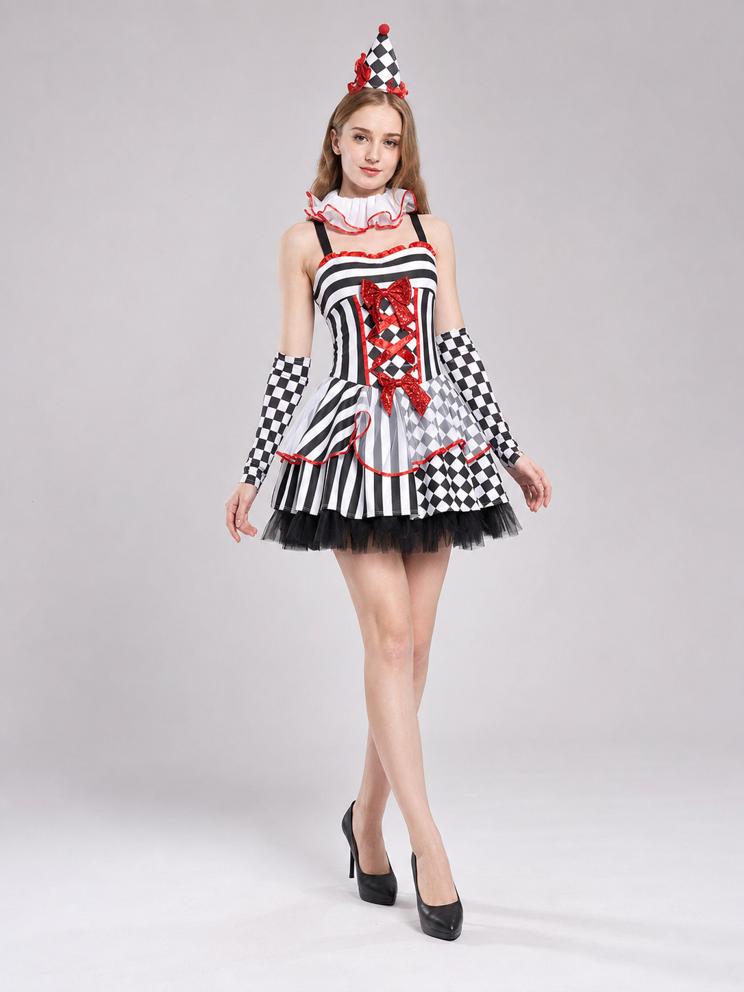 Clown Carnival Costume: Dress, Gloves, and Cap