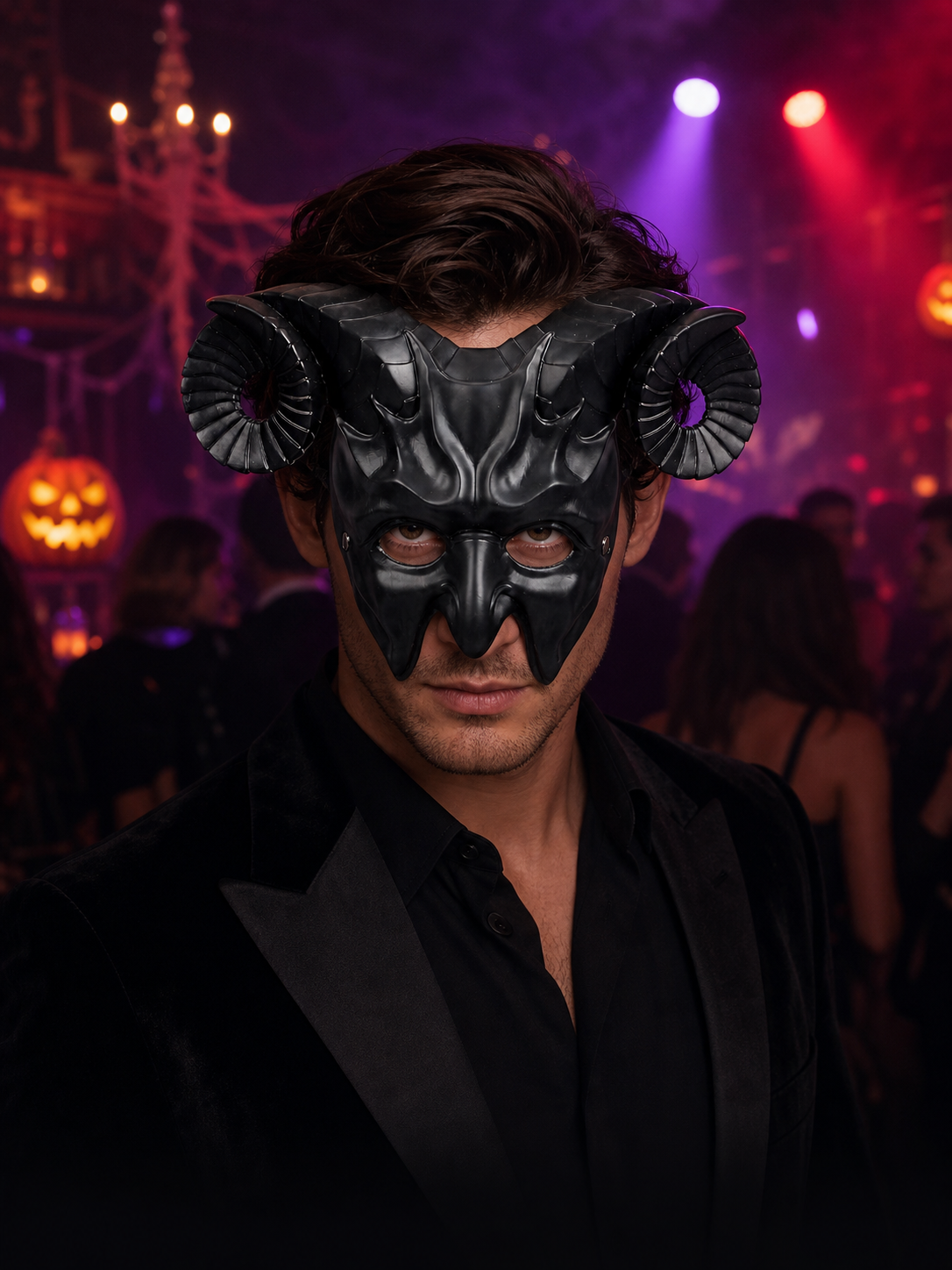 1pc Halloween Horned Demon Full-Face Mask with Curled Horns for Cosplay Party