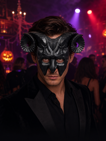 1pc Halloween Horned Demon Full-Face Mask with Curled Horns for Cosplay Party