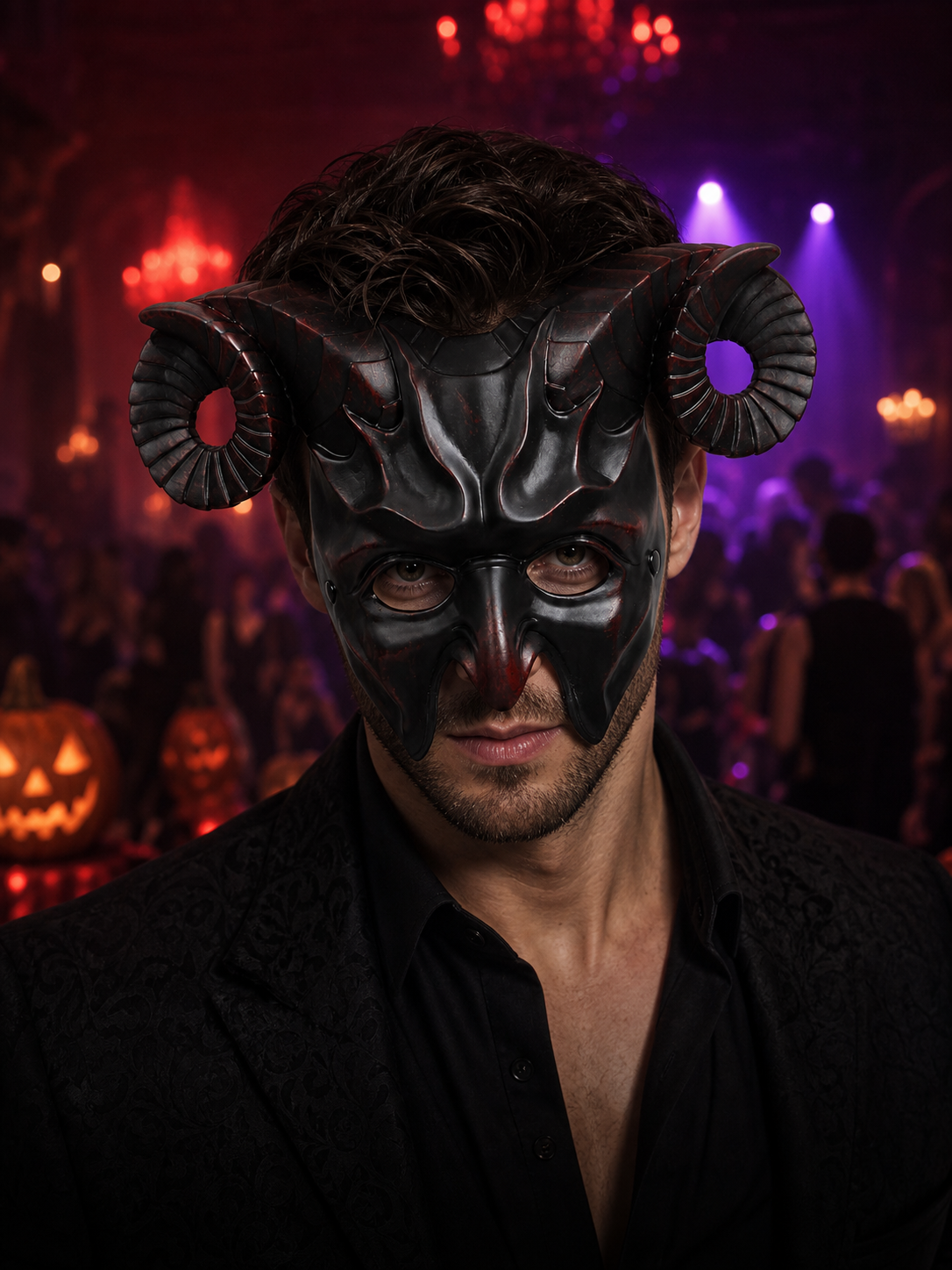 1pc Halloween Horned Demon Mask, Full Face with Curled Horns for Cosplay Parties