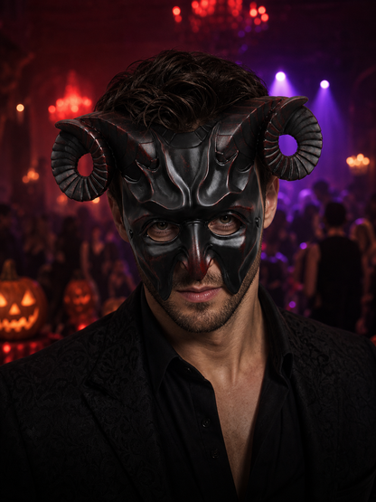 1pc Halloween Horned Demon Mask, Full Face with Curled Horns for Cosplay Parties