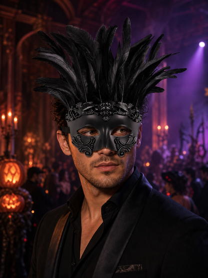 Baroque-Style Carnival Mask with Black Feathers